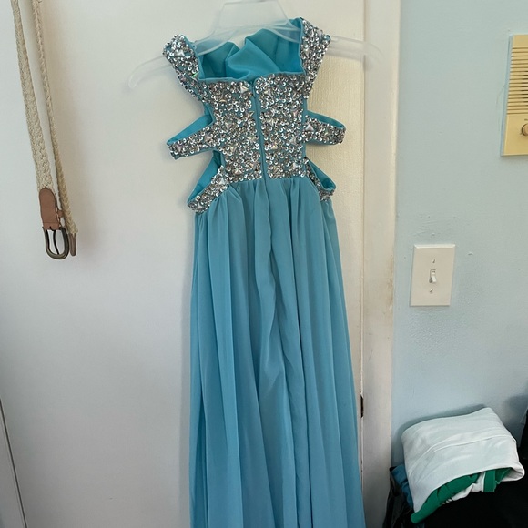 Strapless Light Blue Maxi Dress with Rhinestones & Side Slits - Picture 4 of 4